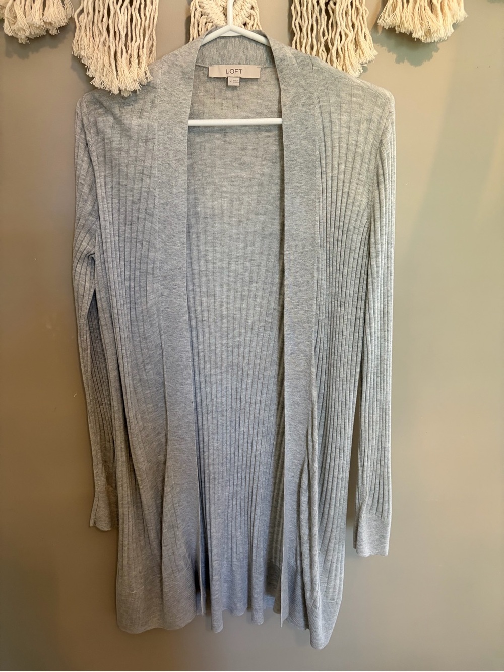 LOFT Heather Gray Ribbed Open Front Cardigan